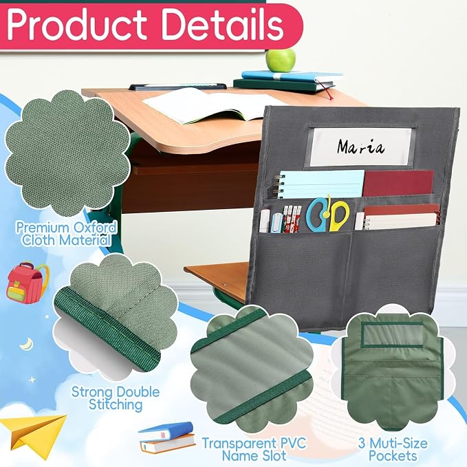 gisgfim 12 Pcs Chair Pockets for Classroom 16.7 x 19.3 Inch s with Name Tag Chairback 3 Pockets Chairs Seat Back Organizer for Elementary School Daycare Home Supply (Maillard)