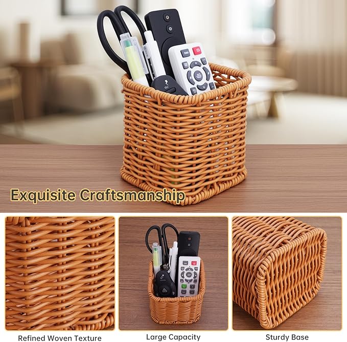 NiHome Remote Caddy, Bedside Remote Control Holder, Synthetic Rattan Organizer for TV Remotes, Makeup Brushes & Office Supplies, Stylish Remote Holder for Table, Living Room, Bedroom & Office