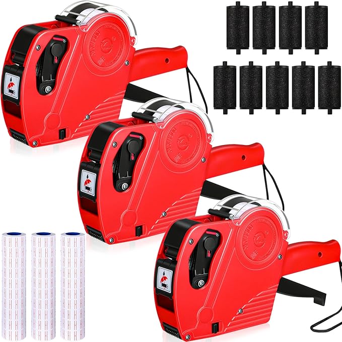 Dunzoom 3 Pack 8 Digits Price Tag Gun Label Pricing Gun Kit with 12000 Labels & 9 Ink Rollers for Retailer Supermarket Grocery Store Food(Red)