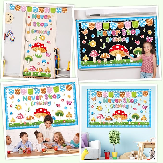 Spring Bulletin Board Set Never Stop Growing Cutouts Spring Party Classroom Decoration Starry Mushroom Bulletin Board Mushrooms Butterflies Flowers Cutouts for School Classroom Chalkboard Wall Decor