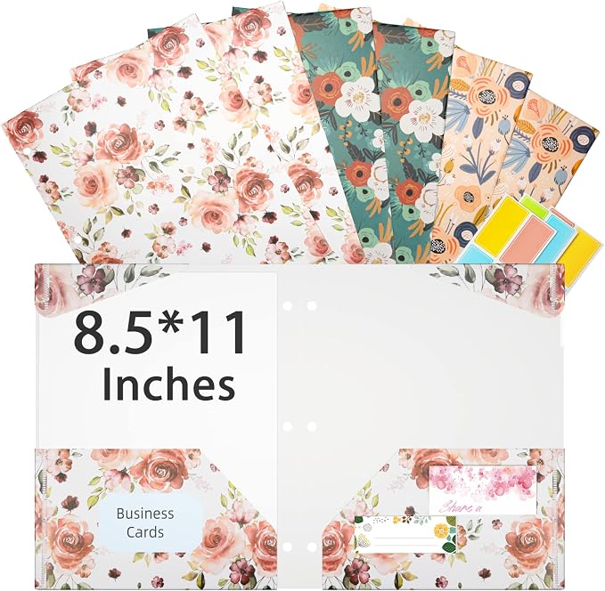 Ospelelf Folders with Pockets, Waterproof Plastic Folder with Two Fixed Corner Tabs and 2 Pockets Includes Business Card Slot, Includes Sticker, Fits 3 Ring Binder Holds 11" x 8.5", 6-Pack