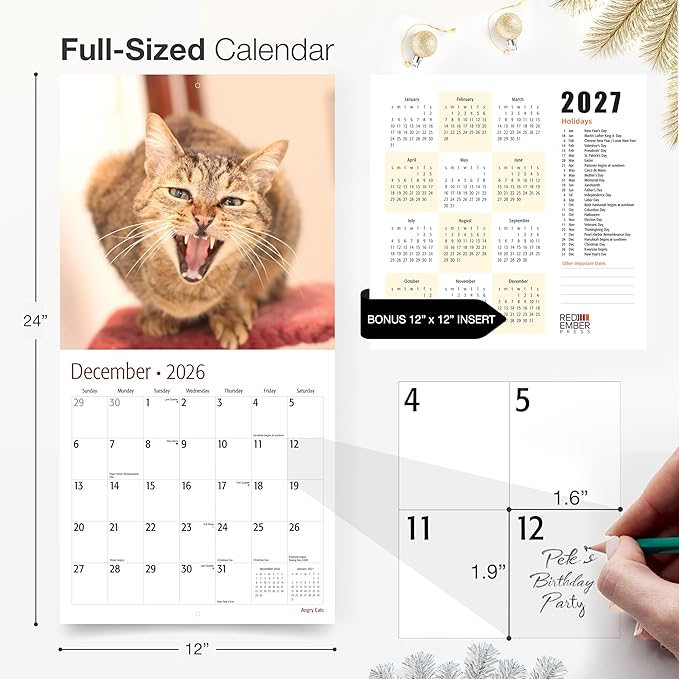 RED EMBER Angry Cats 2026 Wall Calendar 12 Month | 12" x 24" Open | Thick & Sturdy Paper | Giftable | Funny Kitten Cat Calendar 2026
