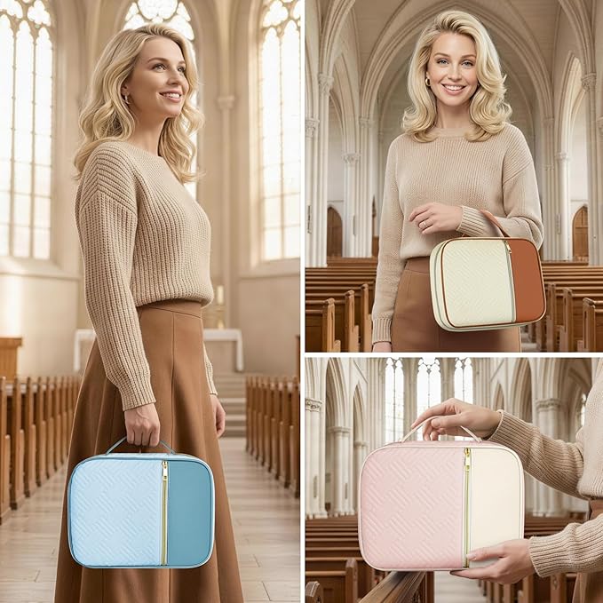 Ndsox Bible Cover Case with Handle for Women, Quilted Fabric & Vegan Leather Carrying Book Case Church Bag Bible Study Supplies Accessories Christian Gifts for Mother Lady Women Men, White & Pink