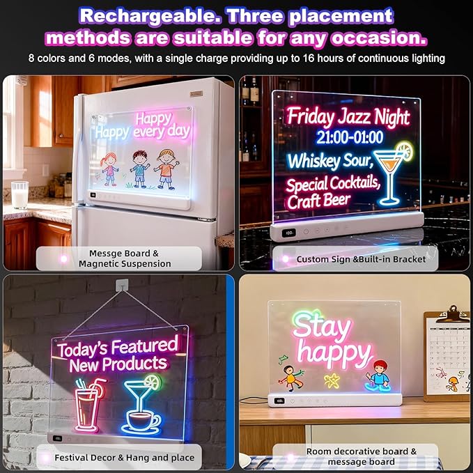 Cosmody Rechargeable LED Drawing Board for Kids, Large 16" Light Up Drawing Pad with 8 RGB Colors & 6 Dynamic Modes, Neon Art Dry Erase Board with Tracing Book & 7 Markers,Creative Gift for Girls Boys