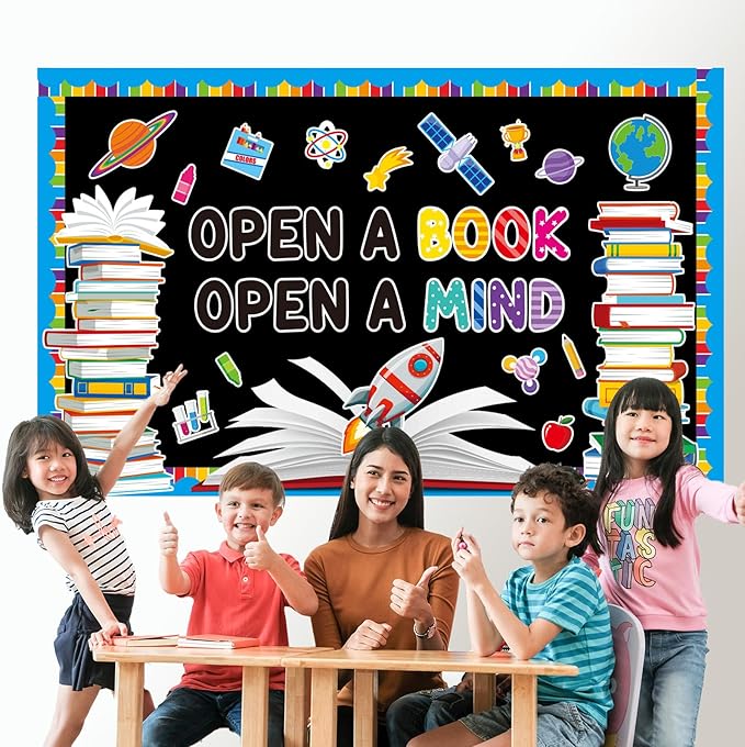 Reading Bulletin Board Set Open A Book Open A Mind Classroom Bulletin Board Decorations Books Paper Cutouts for Back to School Reading Day Classroom Library Office Home Wall Door Supplies
