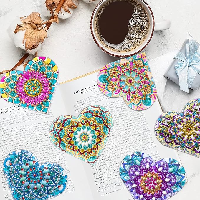 12 Pcs Diamond Painting Bookmark, DIY Corner Book Makers for Adults Book Lovers, Diamond Dot Art Beginners, Small Diamond Art Kits, Paint by Art Crafts Gift for Women Girls (Heart Mandala)