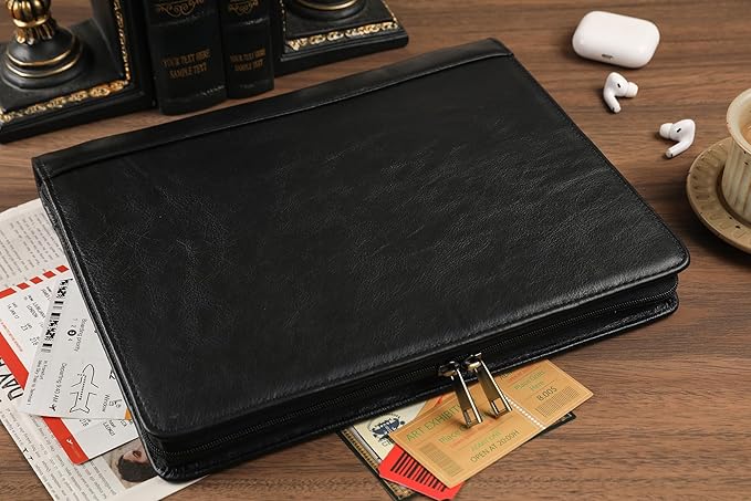 Leather Portfolio for 13-in iPad Pro M4/M5 & 13-in iPad Air M2/M3, Leather Padtfolio with ipad Holder for Letter Size Notepad, Personalized Padfolio for Men - Oil Black