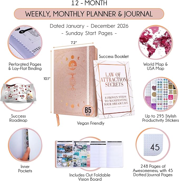 Deluxe 2026 Planner Weekly and Monthly | Law of Attraction Planner with Productivity App | 12-Month for Productivity, Gratitude & Goal Setting | Includes Foldable Vision Board, Gift Box & Stickers