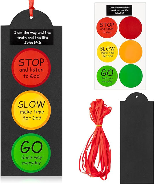 32Sets Inspirational Traffic Light Craft Kit Bulk Bible Scripture John 14: 6 Paper Crafts Make Your Own Sunday School DIY Bookmarks for Kids Classroom Home Easter Christian Religious Party Favor
