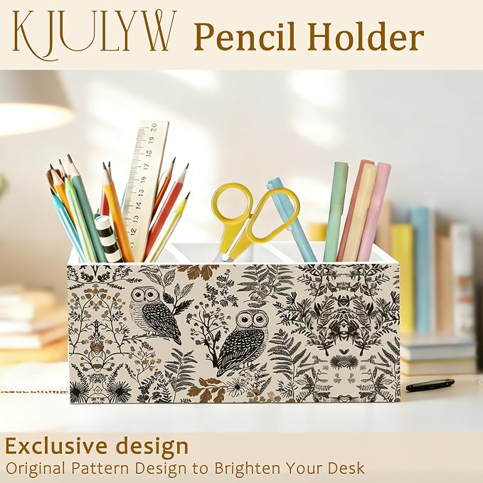 Owl Pen Holder for Desk, Owl Lover Gifts, Neutral Botanical Wildlife Bird Wooden Box Pencil Pen Holder Organizer for Home Office Desk Accessories