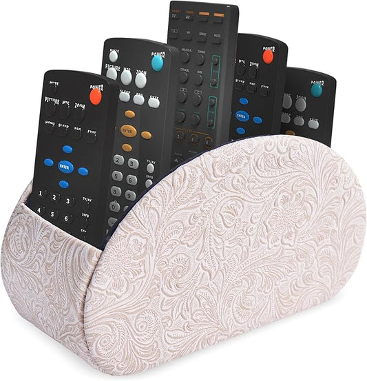 Remote Control Holder, PU Leather Remote Caddy Desktop Organizer with 5 Spacious Compartments for TV Remotes/Media Controllers/Office Supplies (1-Carved3 White