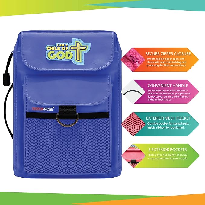 Performore Children's Bible Cover, Fits for Many Popular Kids Bible with Convenient Handle and Perfect for Children from Ages 3-8, Blue with Zipper Enclosure, Medium Size