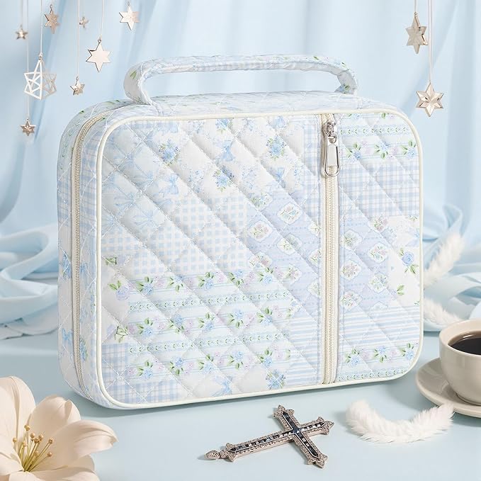 shirabags Quilted Bible Cover Case for Women - Elegant Cotton Bible Bag for Study, Church, Christian Gifts for Women (Blue Floral Bow Patchwork, M)