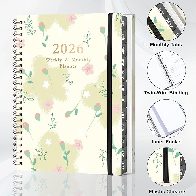 2026 Planner - Jan. 2026 - Dec. 2026, A5 (6.3" x 8.4") Planner Weekly and Monthly, Calendar Planner 2026 with 12 Monthly Tabs, Inner Pocket (Yellow Flower)