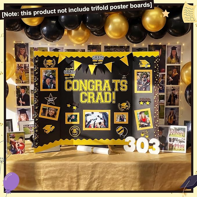 31 Pcs Graduation Photo Poster Board Decor Set Include 28 Sheets Graduation Themed Stickers 2 Rolls Picture Frame Tape 1 PC Banner for 2026 Grad Party College Board Photo Frame Decor(Glod)
