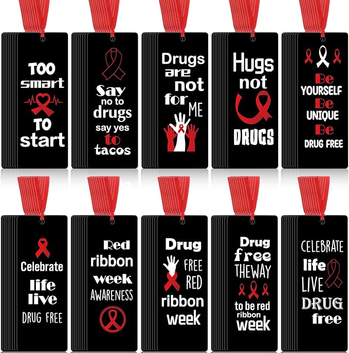 Cholemy 200 Pcs Red Ribbon Week Awareness Bookmarks Say No to Poison Bookmarks Too Smart to Start Book Marks Motivational Tags for Red Ribbon Charity Event Party Decoration, 10 Designs
