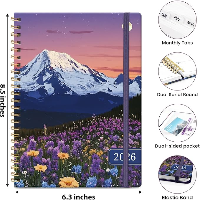 2026 Planner, Weekly and Monthly Planner for Women, January 2026 - December 2026, Hardcover 2026 Calendar Planner Book with Tabs, Inner Pocket, Spiral Bound, Perfect for Office Home School Supplies - A5 (6.3" x 8.5"), Moonlit Blooms