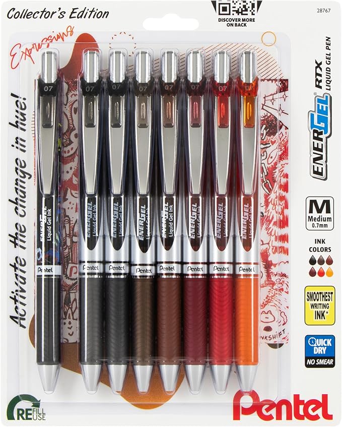 Pentel EnerGel RTX Retractable Liquid Gel Pen, Change Expressions Pack, 0.7mm, Metal Tip, Medium Line, Assorted Ink, Pack of 8 Pens (BL77XCHABP8M)