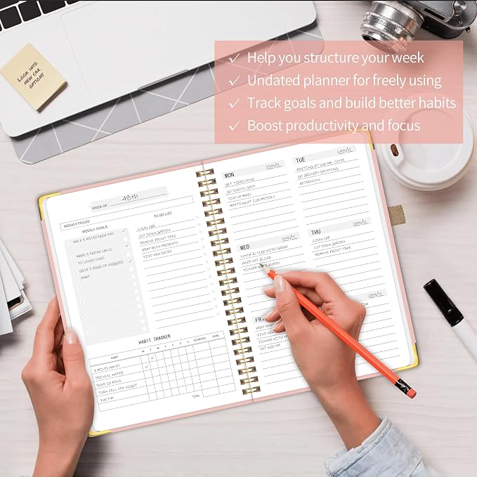 Undated Weekly Planner, Weekly To Do List Notebook with Goal & Habit Tracker Organizer, A5 Hardcover Weekly Planner for ADHD, Office School Home Supplies, Reduces Stress and Boosts Productivity - Pink