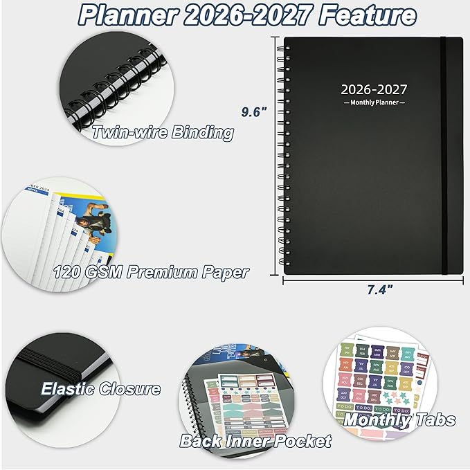 2026-2027 Monthly Planner(7.4'' x 9.6''), 18 Months Calendar Planner from Jan 2026-Jun 2027, 2026 Agenda with Pocket, 120GSM Paper, Black