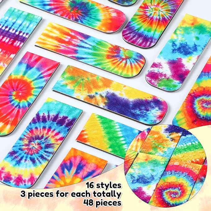 Faccito Tie Dye Party Favors, 48 Pcs Tie Dye Bookmarks Bulk Hippie Rainbow Bookmark Magnetic Clips for Kids Students Back to School Book Lover Classroom School Office Birthday Pastel Art Gifts