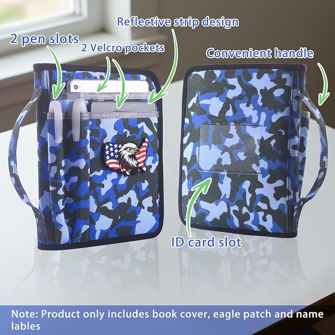 LParkin Blue Camo Scouts Book Cover for Handbook 14th Edition, Boy Camo Waterproof Protective Sleeve with Eagle Patch & 32 Name Labels, Gifts for Boy and Girl Scouts