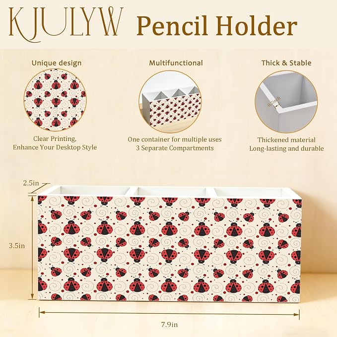 Cute Ladybug Pen Holder for Desk, Ladybug Lover Gifts, Red Lady Bug Decor Wooden Box Pencil Pen Holder Organizer for Home Office Desk Accessories
