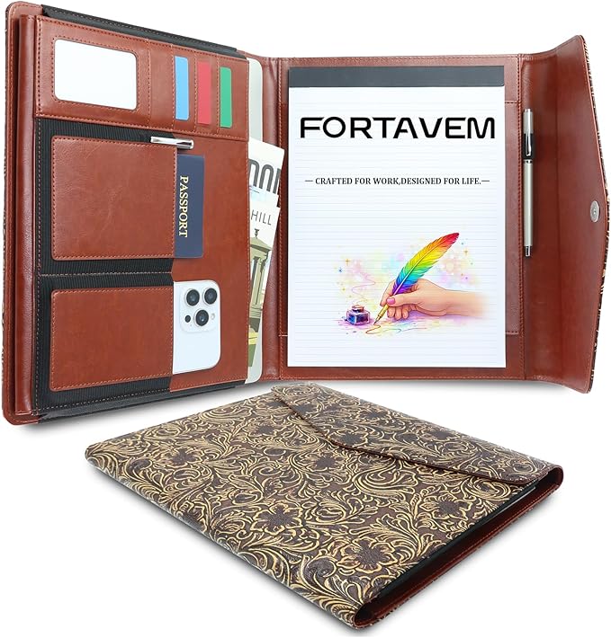 Padfolio Portfolio Organizer Binder, Professional Embossed Faux Leather Interview Resume Folder with Magnetic Closure, Trifold A4 Letter Writing Pad Holder