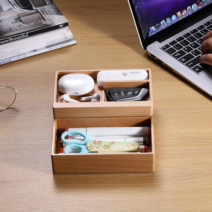 Valet Tray Box, Beech Wooden Storage Box with Magnetic Rotating, Office Desk Daily Supplies Organizer