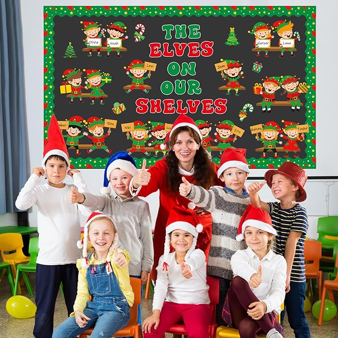 Christmas Elf Bookshelf Bulletin Board Set Elves On Our Shelves Classroom Decorations Xmas Elf Paper Cutouts Red Green Bulletin Board Border for School Wall Xmas Holiday Party Decor Teacher Supplies