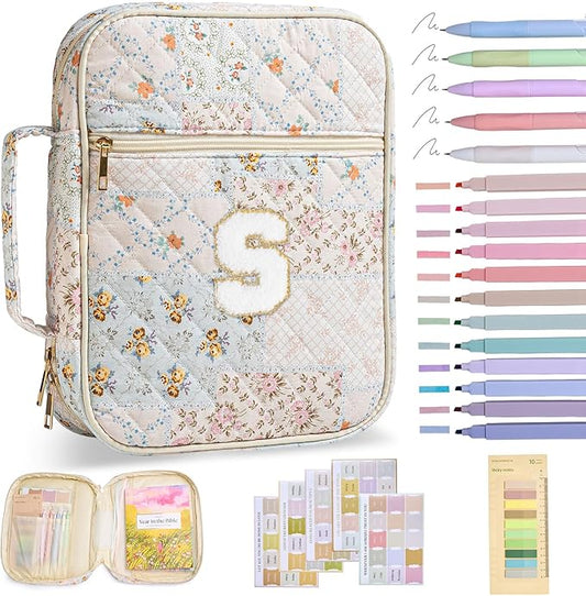 Nayno Initial Bible Cover Case for Women Girls Kid Large Bible Cover with Durable Handle Quilted Bible Carrying Case for Girls Bible Study Supplies Accessories (Spliced Flower S, one size)