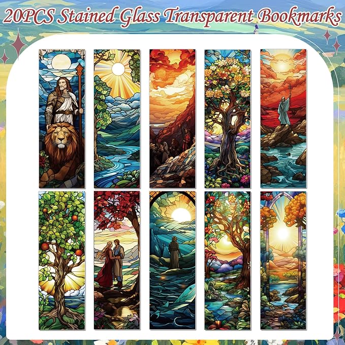 Catholic Stained Glass Bookmark Gifts - Cosmisun 20 Pcs Religious Christian Transparent PVC Bookmarks Saints Jesus Book Mark Page Marker Clips for Women Men Book Lovers Reader Church Sunday School