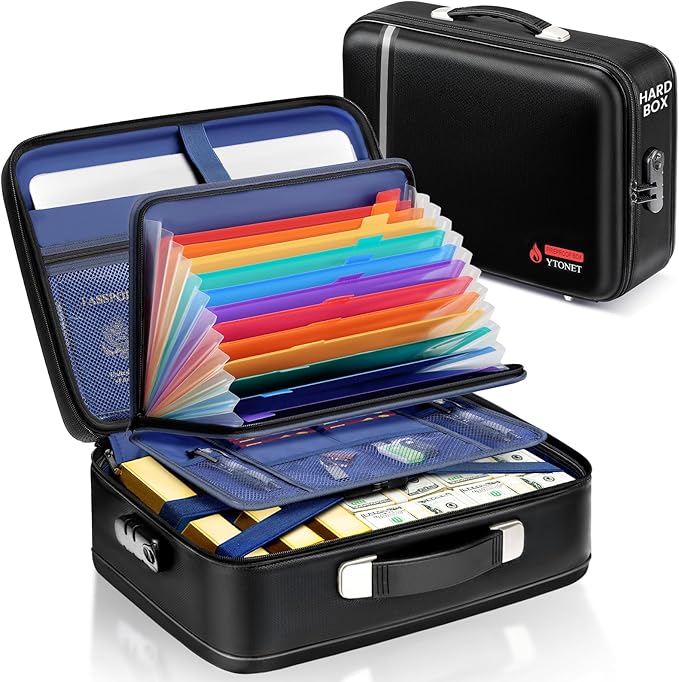 Fireproof Document Box Hard Case with Lock, Upgraded Size Fire Proof Safe for Home Documents with Accordion File Folder & 15.6" Laptop Pocket, Waterproof Office Travel Safe Box for Important Documents
