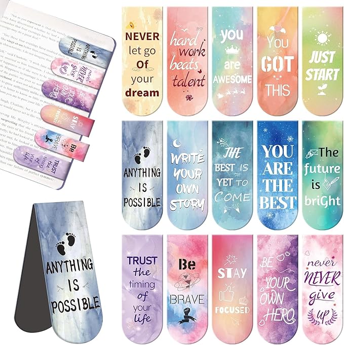 Kaluofan Larger Size 15PCS Inspirational Magnetic Bookmarks, Double Sided Magnet Book Markers Page Clip for Students Teachers Reading Supplies