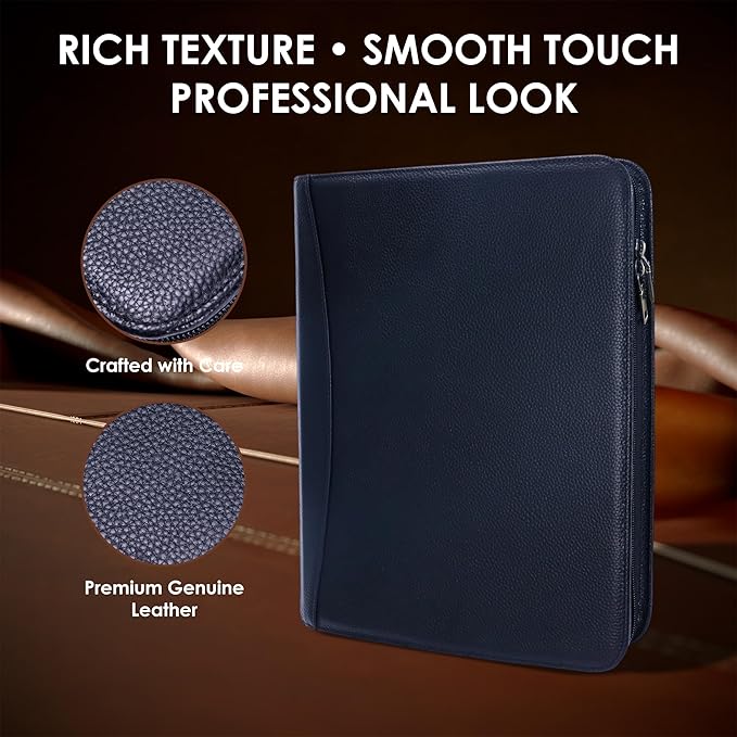 Genuine Leather Zippered Padfolio with 3 Ring Binder, A4/Letter Portfolio Organizer for Work, Fits 13.9" Laptop, Business Folder with Notepad Holder, Meetings & Interviews (Black)