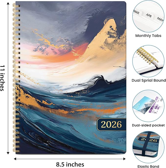 2026 Planner, Weekly and Monthly Calendar Planner Book, January 2026 - December 2026, Hardcover Spiral Planner with Monthly Tabs, Notes Pages, Perfect for Women & Men, A4 (8.5" x 11") - Abstract