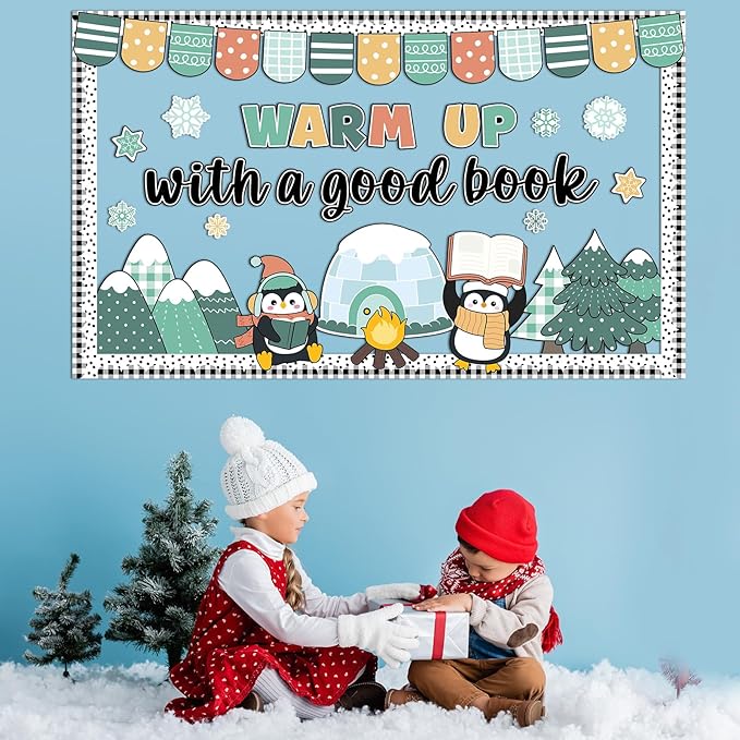 64Pcs Winter Reading Bulletin Board Decoration Set Warm up with a Good Book Classroom Decor Winter Penguin Snowflakes Paper Cutouts for School Home Chalkboard Christmas Xmas Holiday Party Supplies
