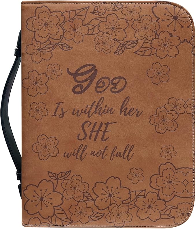 Brown Leather Study Bible Case THE GOD Print Bible Cover Case Women Durable Carrying Book Case Church Bag Bible Study Supplies Accessories Size：XL