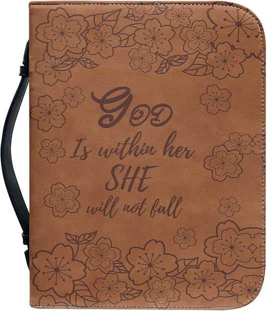 Brown Leather Study Bible Case THE GOD Print Bible Cover Case Women Durable Carrying Book Case Church Bag Bible Study Supplies Accessories Size：XL