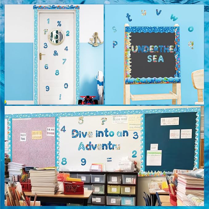 221 Pcs Ocean Bulletin Board Letters, Round Alphabet Number Punctuation Symbol Combo Letter Cutouts, Under The Sea Classroom Decor for School Classroom Chalkboard Poster Bulletin Board Wall