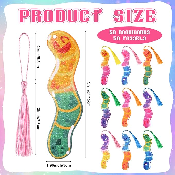 Ctosree 100 Pack Worm Bookmarks Bulk 50 Pcs Holographic Glitter Gummy Bookworm Bookmark and 50 Pcs Tassel for Book Lovers Bookworm Fun Book Marks for Reading Adults Funny Gift Party Favor
