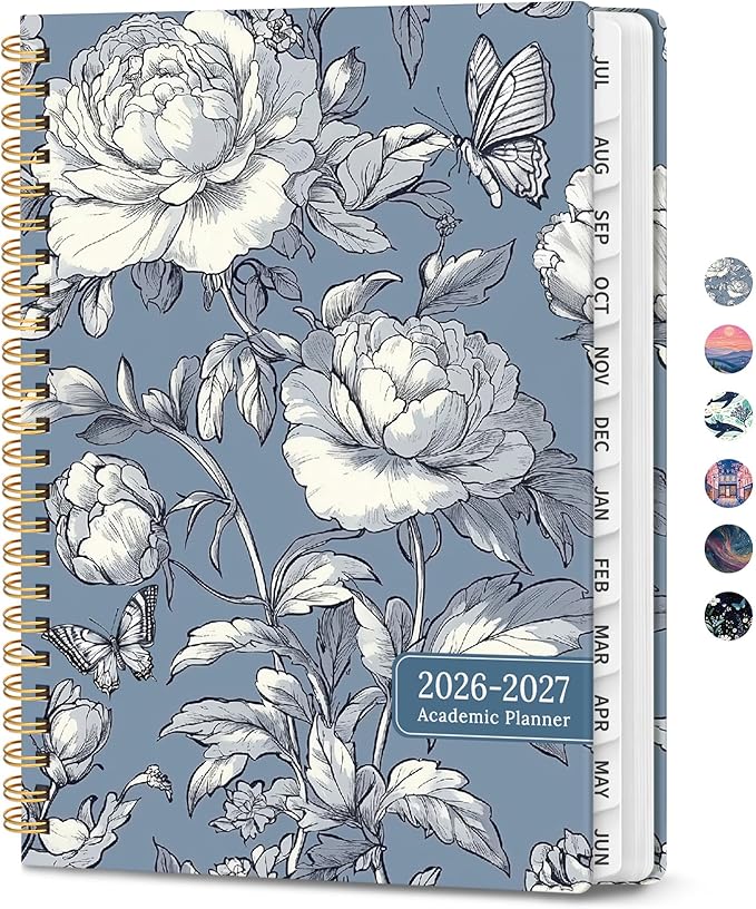 2026–2027 Academic Planner, Weekly and Monthly Planner for Women, July 2026 - June 2027, Pretty Hardcover 2026–2027 Academic Planner with Tabs, Inner Pocket, Spiral Bound, Perfect Office Home School Supplies - 6.3" x 8.5", Butterfly Peony