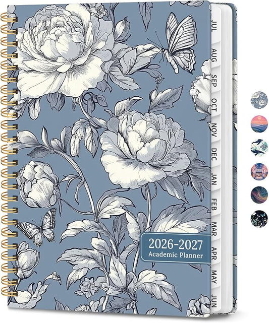 Planner 2026-2027, Hardcover Monthly and Weekly Academic Planner July 2026 - June 2027, Teacher and Student Calendar Agenda Book with Tabs, A5 (6.3" x 8.5"), Ideal for School and Office, Butterfly Peony