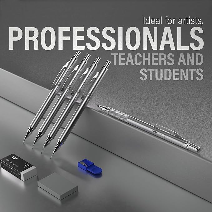 Mr. Pen- Metal Mechanical Pencil in Leather Case, 5 Pack, 5 Sizes, 0.3, 0.5, 0.7, 0.9 & 2mm, 6x Tubes Lead Refill, Erasers & Sharpener for School Supplies, Note Taking, Drawing, Sketching, Office