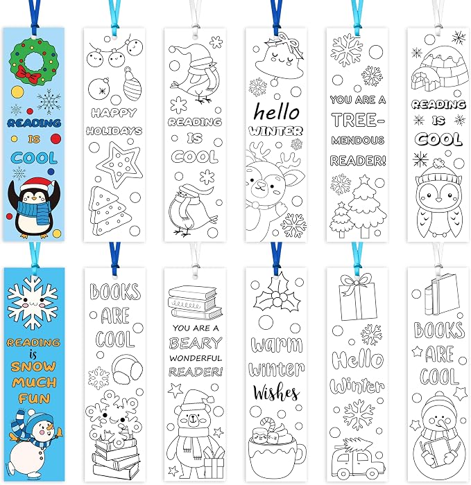 ANGOLIO Winter Word Coloring Bookmarks - Hello Winter Color Your Own Bookmarks DIY Coloring Blank Book Accessories Happy Holiday Home Classroom Party Favor Christmas Goodie Bag Filler for Kid Student