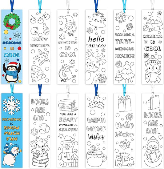 ANGOLIO Winter Word Coloring Bookmarks - Hello Winter Color Your Own Bookmarks DIY Coloring Blank Book Accessories Happy Holiday Home Classroom Party Favor Christmas Goodie Bag Filler for Kid Student