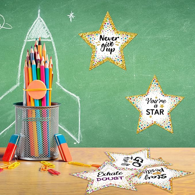 Pajean 48 Pcs Star Positive Bulletin Board Decoration Cutout Affirmation Station Classroom Bulletin Board 6 Inch Inspirational Classroom Decor Double Sided for Teacher Student Back to School(Confetti)