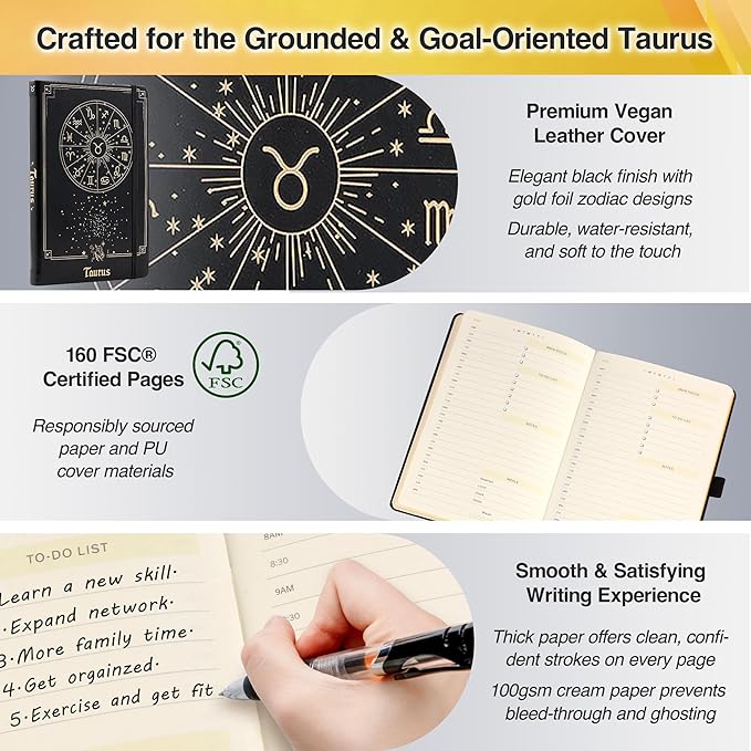 AuroPlanner Taurus Zodiac Undated Planner – Monthly Weekly Daily Astrology Portable Journal Notebook, A5 (5.8” × 8.3”), 160 Pages 4-Month Layout, 100 GSM Paper