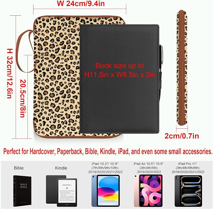 Leopard Book Sleeves with Zipper, Travel Book Protector Pouch for Paperbacks & Hardcover & Bible Books, Book Covers Bags with Pockets & Handle Strap, Book Carry Case for Book Lovers Mother's Day Gifts