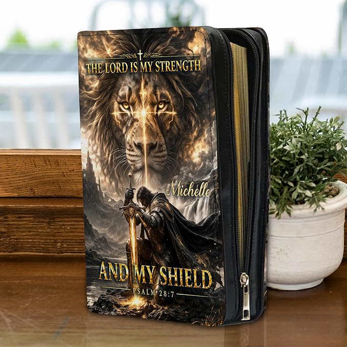 Personalized Man of God Bible Cover for Men, Christian PU Leather Bible Case with Handle Zipper, God Says I Am Warrior Scripture Bible Holder, Religious Gift for Men (The Lord id My Strength)